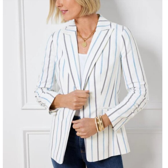Talbots Jackets & Blazers - Talbots Women's Cinched Cuff Blazer White Black Stripe Cotton Size 16